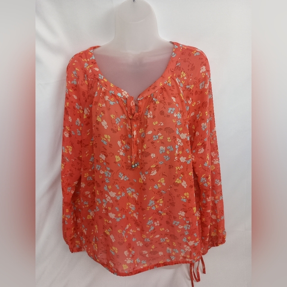 2/$30 JESSICA SIMPSON Boho Sheer Cottagecore Floral Red Blouse (#518) - Picture 1 of 9